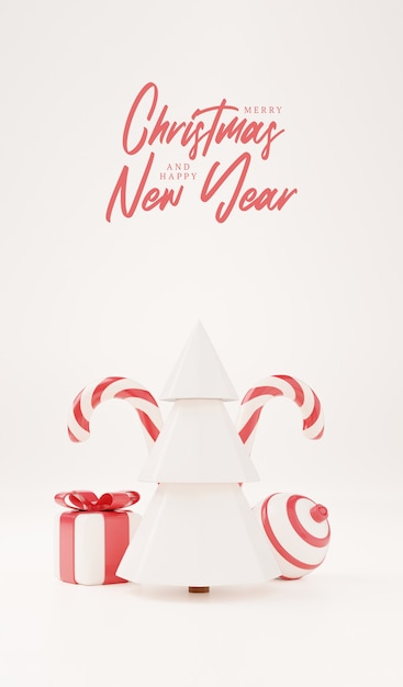 3D-kerstboom met rode geschenkdoos en bal witte achtergrond, xmas poster, webbanner. 3D render illustratie minimalistische stijl kerst en nieuwjaar concept