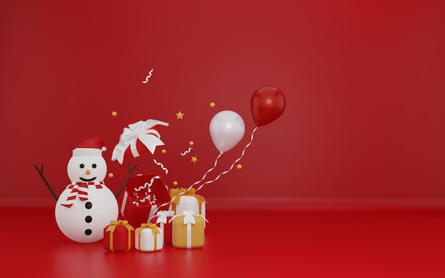 3D Kerstmis of winter met sneeuwpop geschenkdoos en ballon Ruimte kopiëren gebied