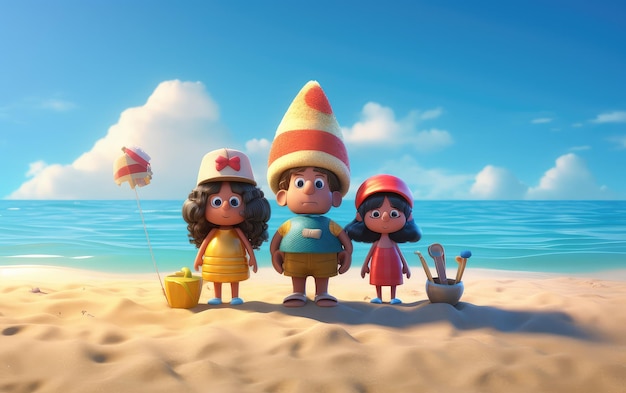 Photo 3d kids cartoon characters on the beach enjoying summer season