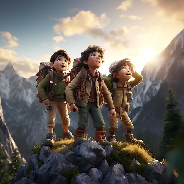 3d kids exploring mountains on an adventure