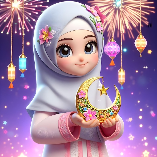 3d kind meisje gelukkig Eid Mubarak ai generator