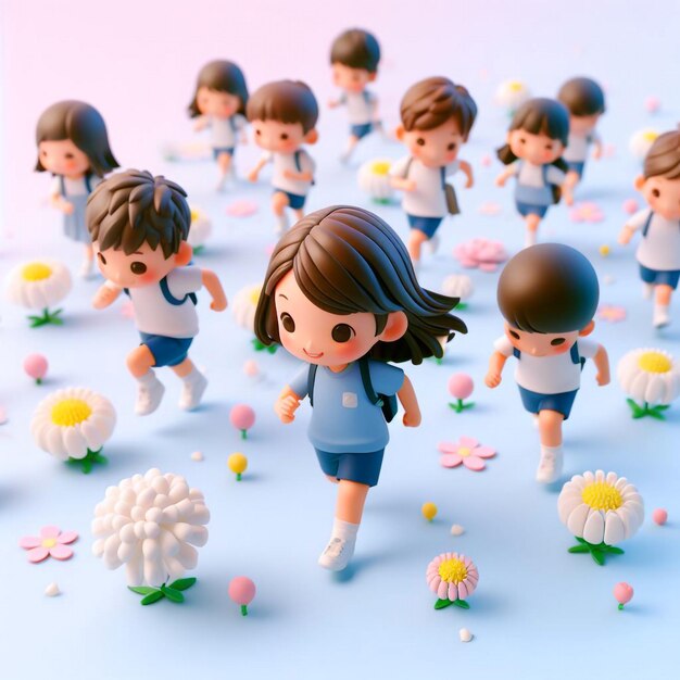 3D-kinderen die door bloemen rennen.