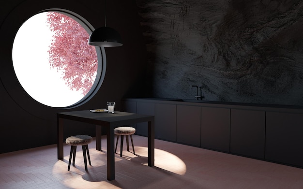 3d kitchen room with a round window and a table with stools pink floor and a tree in the background