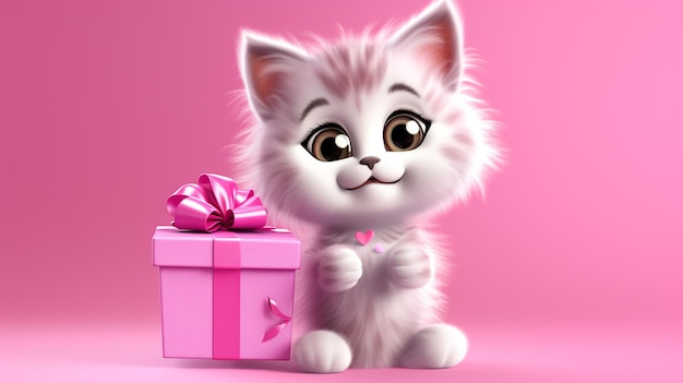 3D котенок с подарком на розовом фоне