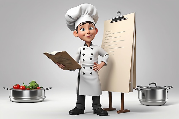 3D klein menselijk personage de chef-kok met een lijst voor boodschappen recepten of menu's