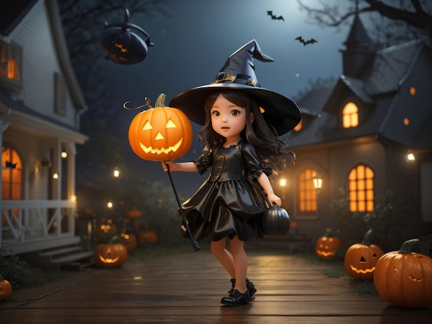 3d kleine heks die halloween-achtergrond vliegt