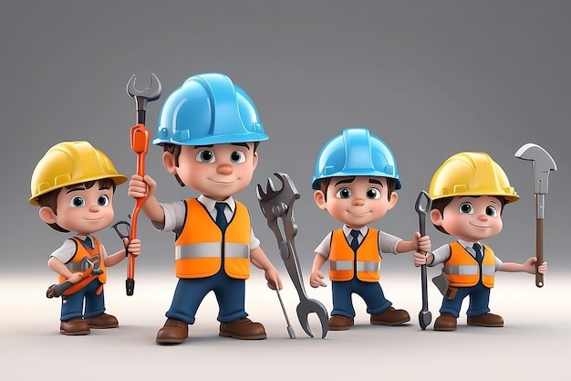 3D kleine menselijke personage The Builders X3 met Tools People serie