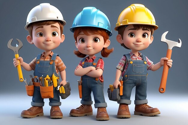 3D kleine menselijke personage The Builders X3 met Tools People serie