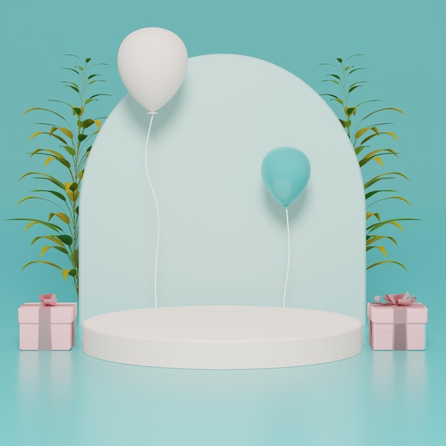 3D kleurrijk podium met ballonnen en geschenken