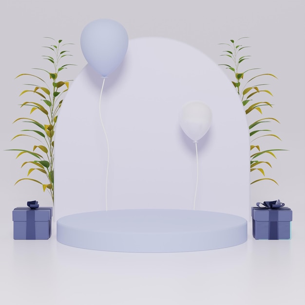 3D kleurrijk podium met ballonnen en geschenken