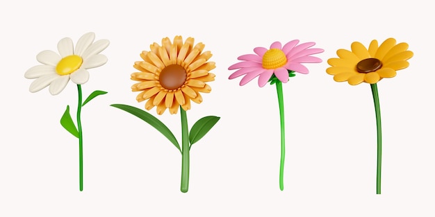 3D-kleurrijke bloem ingesteld pictogram geïsoleerd op witte achtergrond 3D-rendering illustratie Uitknippad