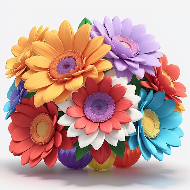 3D kleurrijke bloemen zijn een bos van veelkleurige bloemen Heldere witte achtergrond