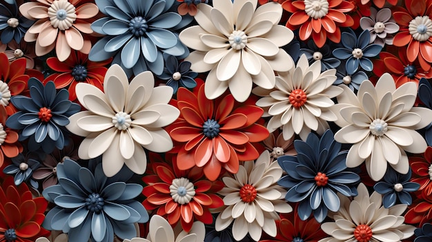 3D kleurrijke rode witte blauwe bloemen stapel bovenkant achtergrond