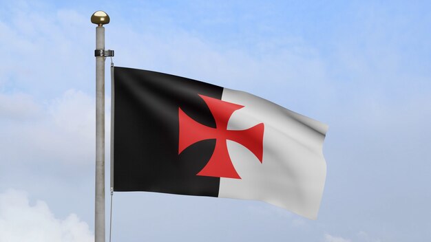 3D The knights templars flag waving on wind with blue sky. Poor fellow soldiers of christ and temple of solomon banner blowing, soft and smooth silk.