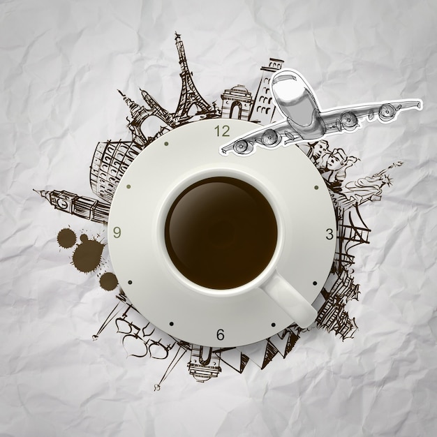 3D-kopje koffie en klok die de wereld rondreist als concept