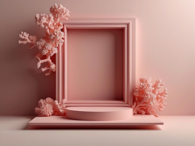3D koraal pastel podium display met zwevende vierkante frame kopieerruimte