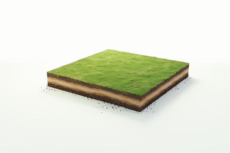 Foto 3d kubieke mooie grasland met bodem geologie dwarsdoorsnede 3d illustratie grond ecologie geïsoleerd op whit background