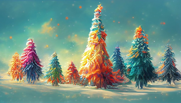 3D-kunst Kleurrijk versierde kerstbomen in winterlandschap als romantische kerstillustratie