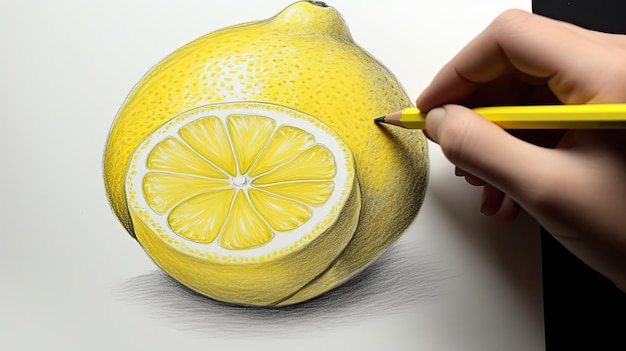 3D-kunst presenteren afbeelding van hand tekenen realistische één hele citroen en gesneden segment met potlood generatieve AI