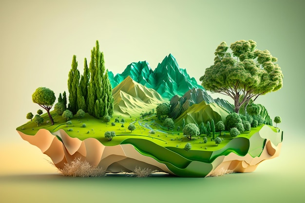 3D-land met geïsoleerde berg Stukje aarde land groen veld Genereer AI