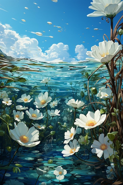 a 3d landscape wallpaper showing flowers and grass in the field in the style of romantic riverscape