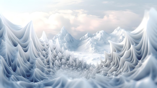 A 3d landscape with snow covered trees and mountains in the background.