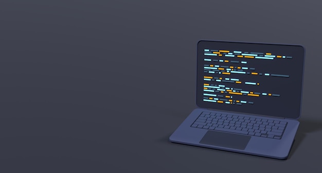 Фото Разработка 3d-кода ноутбука и программы концепция веб-кодирования экран кодирования 3d-рендеринг 3d-рендеринг ноутбука 3d-рендеринг иллюстрации