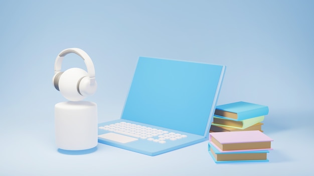 3d of laptop and books and user with headphones