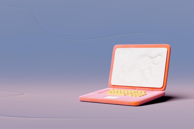 3d laptop computer monitor from plasticine isolated on blue background minimal notebook clay toy icon concept 3d render illustration clipping path