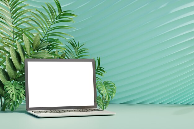 3d Laptop computer on pastel green curve wall with green olive leaf tree background. 3D illustration rendering.