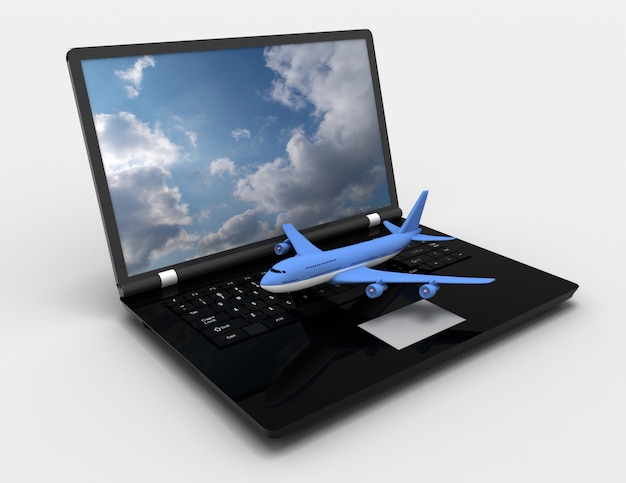 3D-laptop en vliegtuigen. 3D-gerenderde illustratie