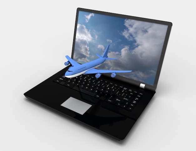 3D-laptop en vliegtuigen. 3D-gerenderde illustratie