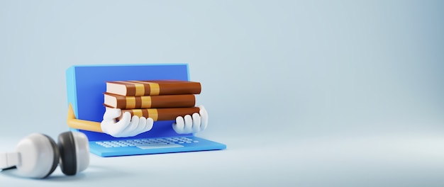 3d of laptop holding books