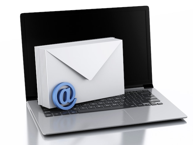 3D-laptop met enveloppen. E-mail concept