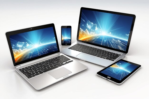 3D-laptop, mobiele telefoon en digitale tablet, pc, computer