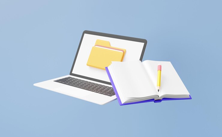 3D Laptop mockup with file folders document 3d rendering illustration