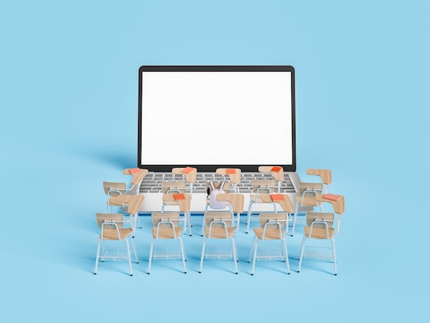 3D laptop near rows of chairs against blue background