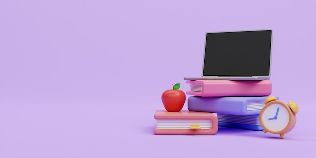 Фото 3d ноутбук на книге с яблоком и часами образование и концепция обратно в школу 3d рендеринг иллюстрации