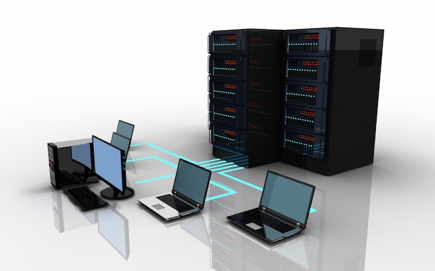 3D laptop server verbindingsconcept. 3D-afbeelding