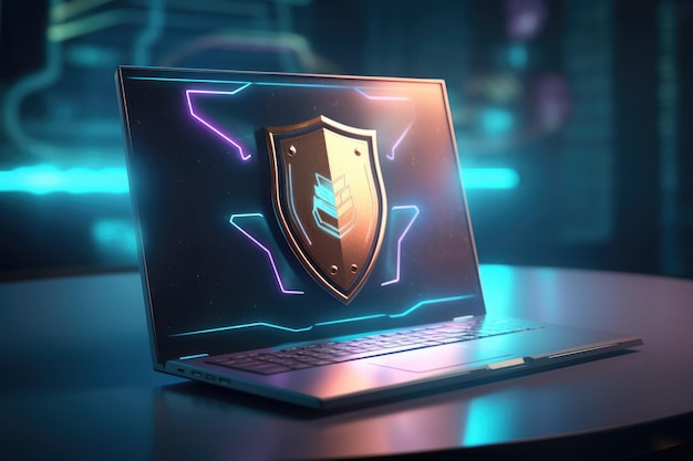 3D Laptop with cyber security shield shown on screen