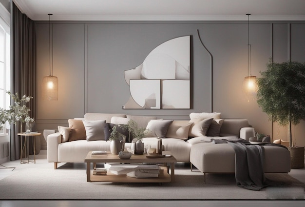 3D Large luxury modern interior of living room