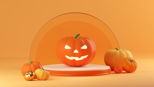 3d-lay-out halloween-scène met productpodium op oranje achtergrond