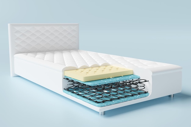 Photo 3d layered sheet material mattress with air fabric coil spring natural latex memory foam isolated on blue background 3d render illustration clipping path