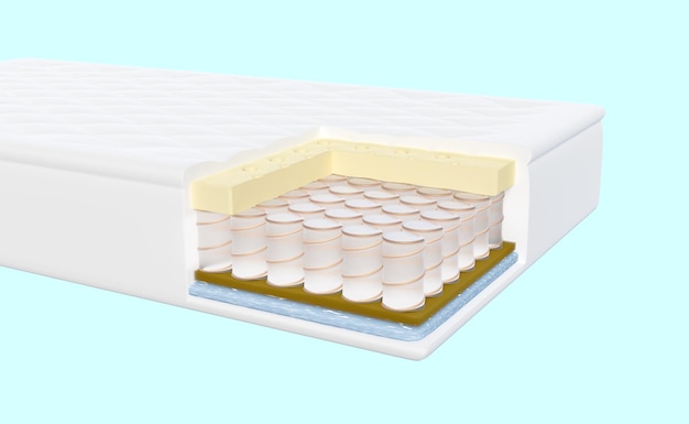 3d layered sheet material mattress with air fabric pocket springs natural latex memory foam isolated on blue background 3d render illustration clipping path
