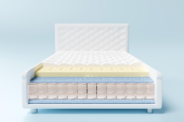 3d layered sheet material mattress with air fabric pocket springs natural latex memory foam isolated on blue background 3d render illustration clipping path