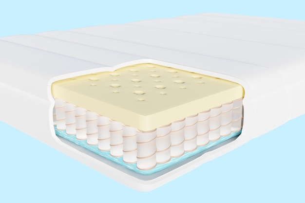 사진 공기 천 주머니 스프링과 함께 3d 계층 시트 재료 매트리스, 파란 바탕에 고립 된 자연 라텍스 메모리 스<unk>, 3d 렌더 일러스트레이션 클리핑 경로