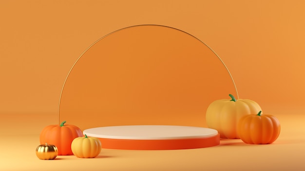 주황색 배경에 제품 연단이 있는 3d 레이아웃 할로윈 장면