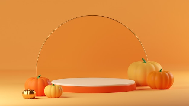 3d layout Halloween scene with product podium on orange background