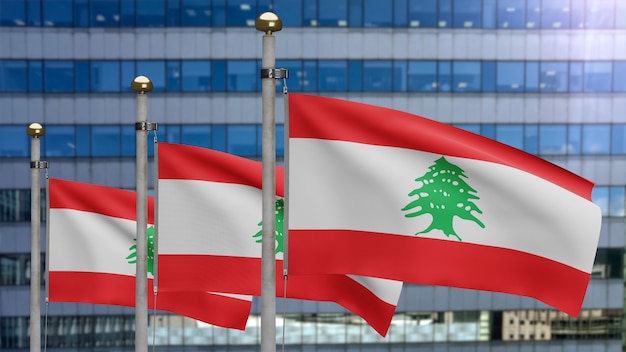 3D、現代の超高層ビルの街と風に揺れるレバノンの旗。滑らかなシルクを吹くレバノンのバナー。布生地のテクスチャは、背景をエンサインします。建国記念日や国の行事のコンセプトに使用してください。