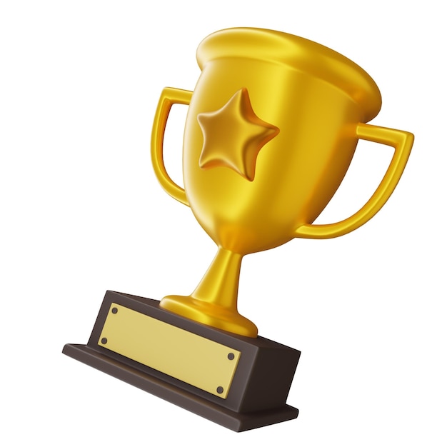 3d left tilted view rendering illustration gold trophy with stars and label coated in good for award